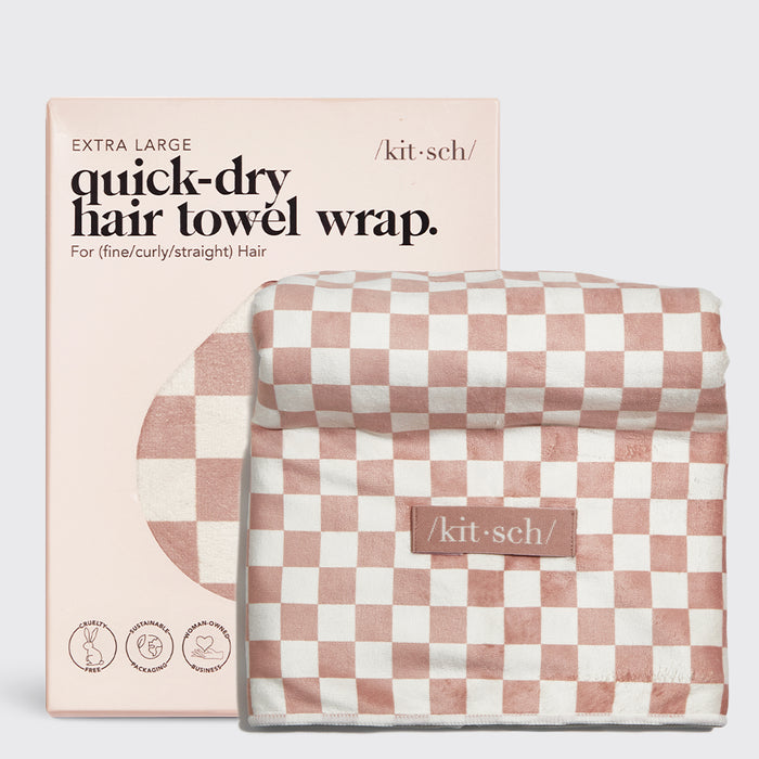 XL Quick-Dry Hair Towel Wrap - Terracotta Checker