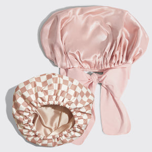 Cuffia da doccia foderata in raso + cuffietta in raso oversize Blush
