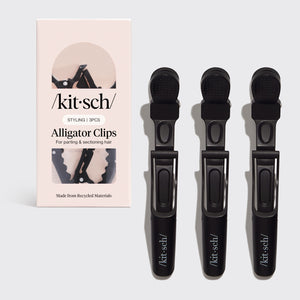 Kitsch Black No-Slip Alligator Clips 3pc Set shown with packaging on a gray background.