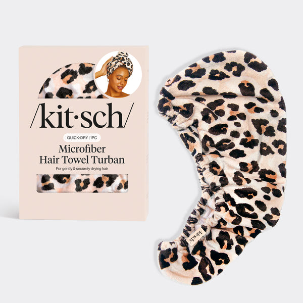 KITSCH Microfiber Hair Towel – Leopard — leopard-print microfiber towel beside its printed box — cut hair drying time in half — post-shower hair drying