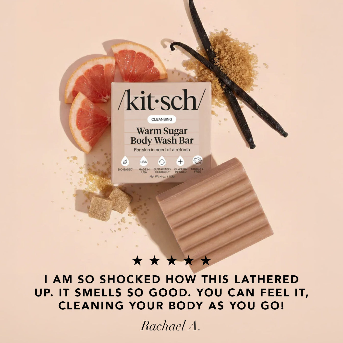 Kitsch Warm Sugar Body Wash Bar featuring grapefruit, vanilla, and brown sugar ingredients with a five-star customer review.
