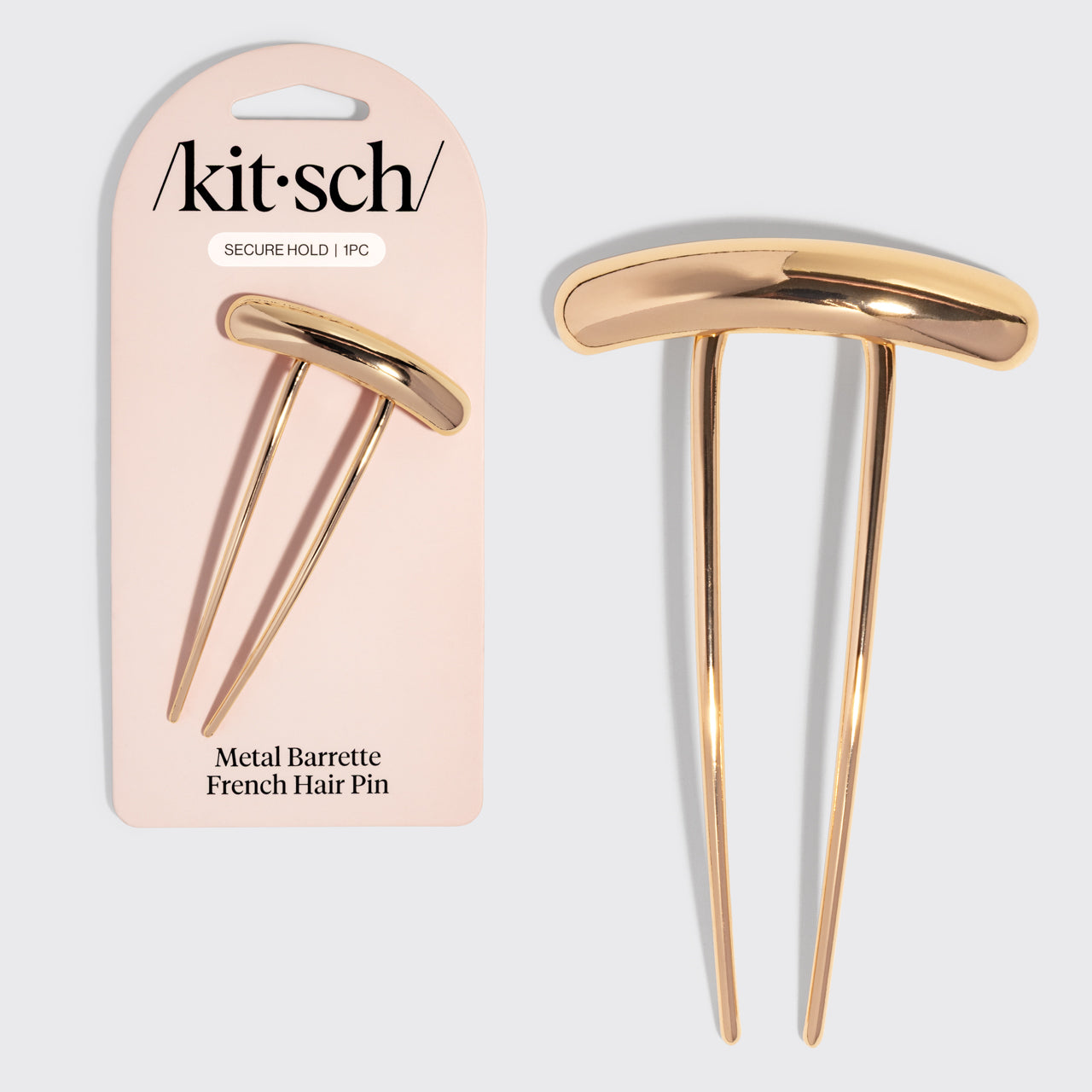 Gold metal hair Barrette French Hair with packaging displaying 'kitsch' brand on a light gray background