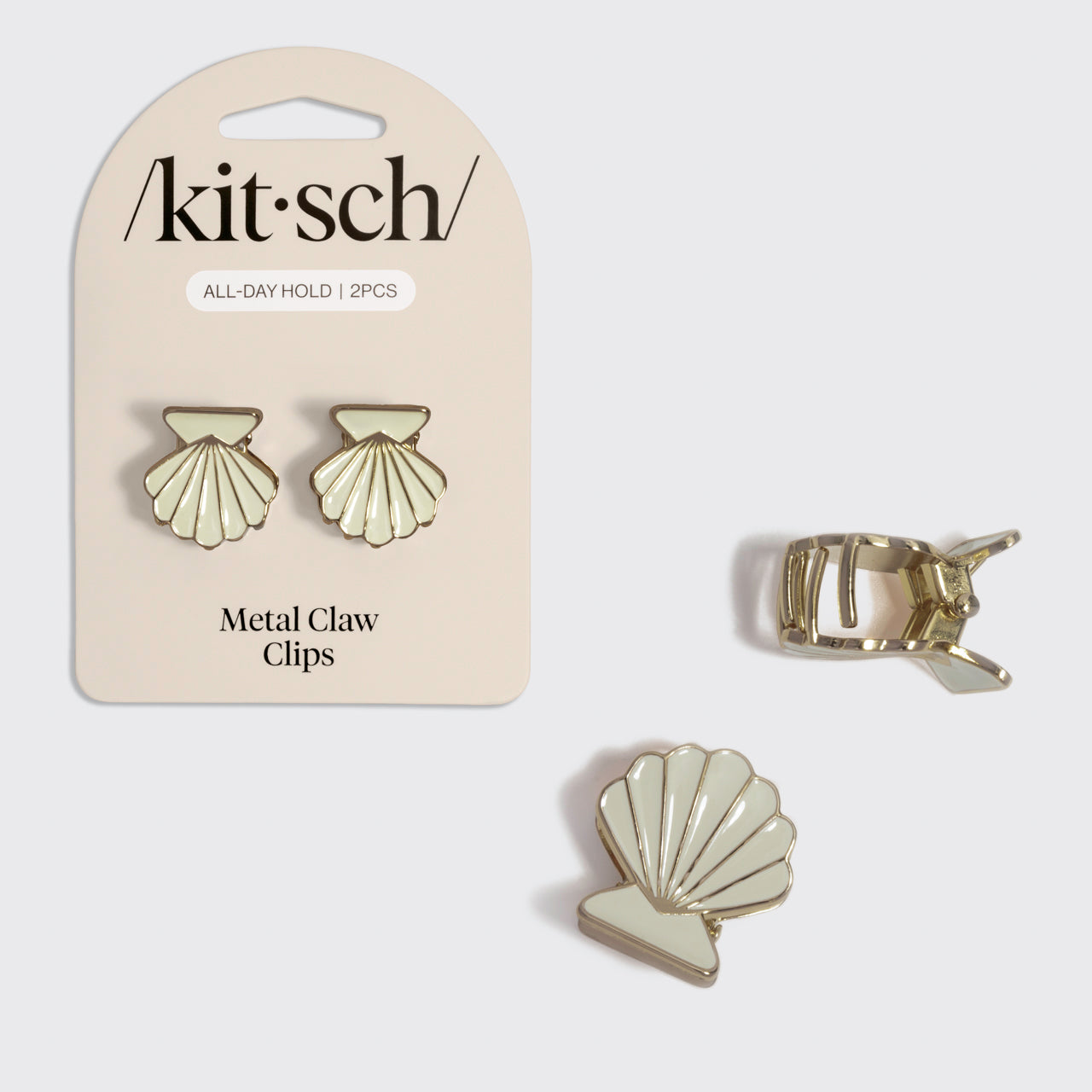 Kitsch Gold & Pearlized Cream Metal Clam Shell Hair Clip Set – 2pc coastal seashell claw clips on card