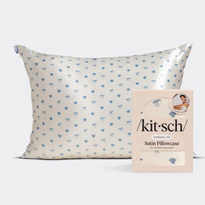 KITSCH Satin Pillowcase in Pearlized Cream & Coastal Blue Print — hero product shot with /kit·sch/ packaging — coastal blue seashells & bows print on pearlized cream satin — Standard 1pc — For hair & skin-loving comfort