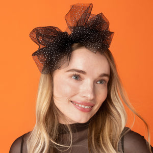 KITSCH Black Glitter Tulle Headband — lifestyle model shot styling the glitter tulle headband — costume-ready glam you can wear all season
