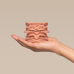 Stack of kitsch terracotta petal hair elastics in a hand against a beige plain background