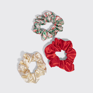 KITSCH Red & Gold Holiday Scrunchies 3pc Set — the red, ivory and plaid scrunchies laid out separately on a grey background — Helps minimize creasing and breakage — gentle everyday wear