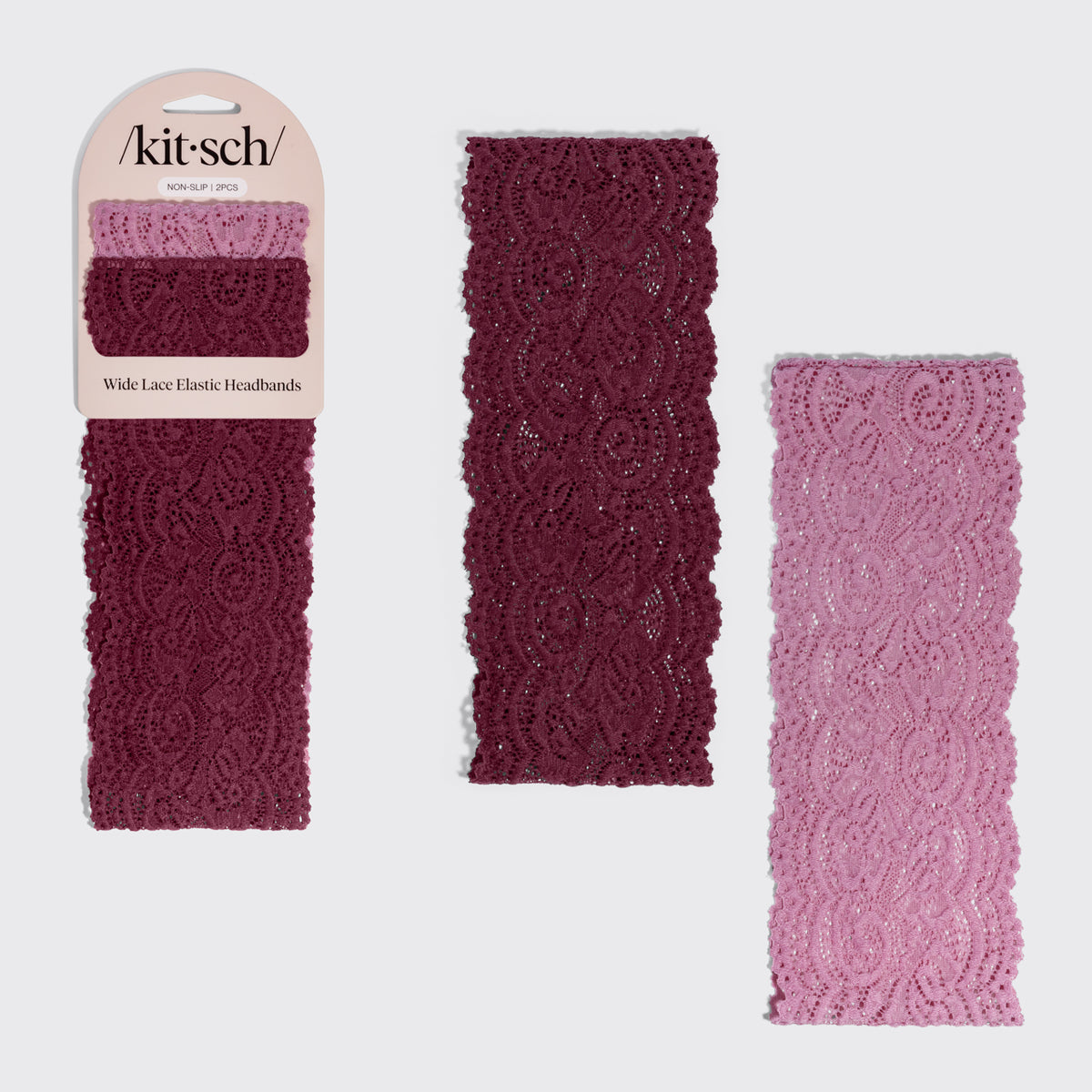 KITSCH Cherry Lacquer & Dusty Pink Wide Lace Headbands 2pc Set — both lace headbands shown with the packaging card — soft, stretchy lace keeps strands neatly in place whether you're dressing up or keeping it casual — everyday and evening styling