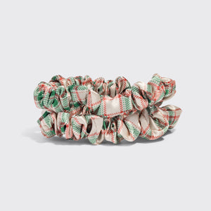 KITSCH Soft & Silky Hair 4pc Set — two ivory, red and green plaid satin scrunchies on a light gray backdrop — scrunchies provide gentle, snag-free hold for all hair types — the scrunchies' creaseless design helps protect hair from breakage