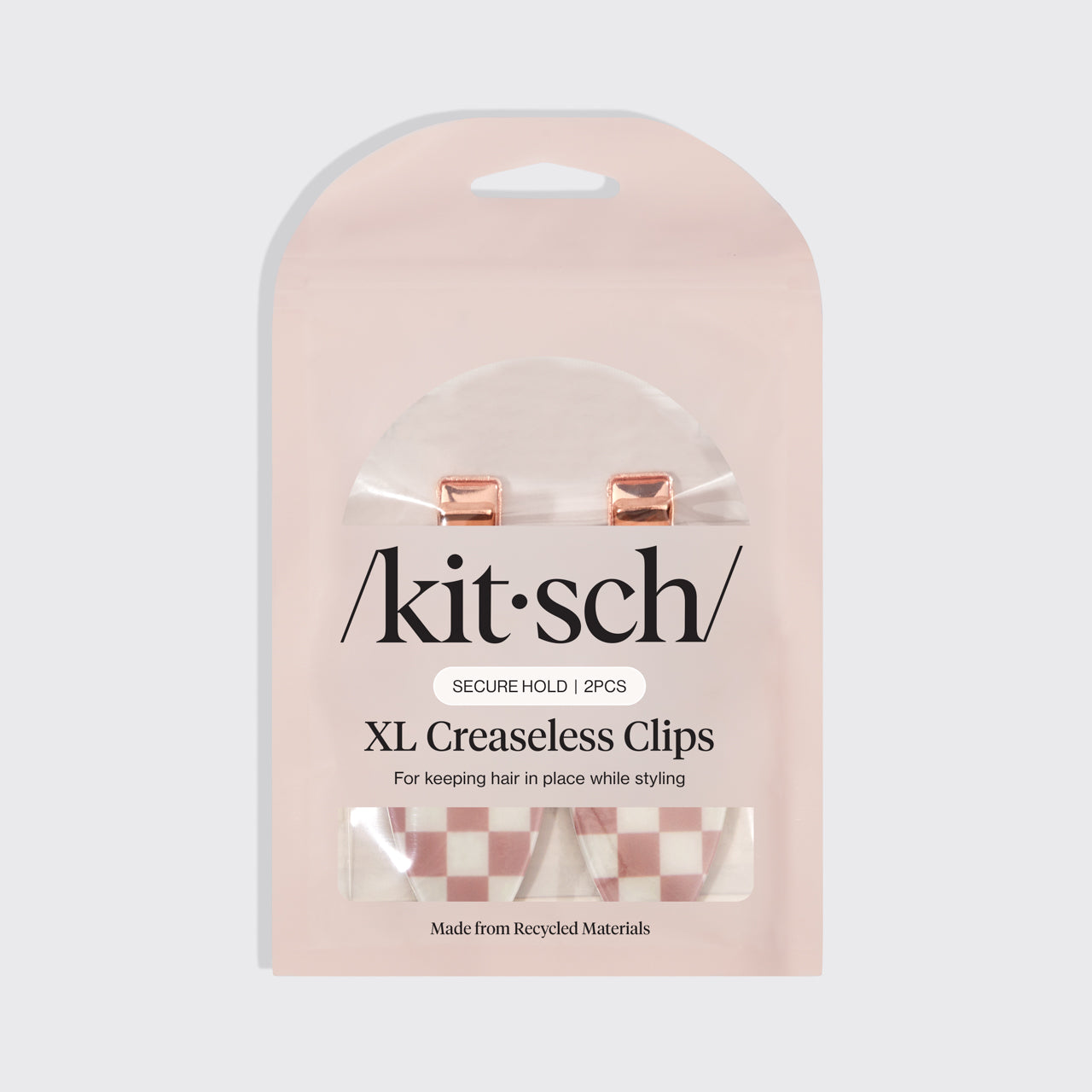 Kitsch XL Terracotta Checker Creaseless Clips 2pc Set in retail packaging on a gray background.