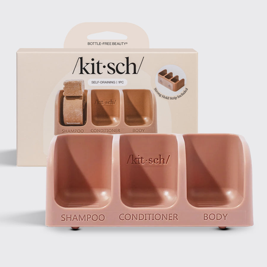 KITSCH Terracotta Self-Draining Soap Dish — product hero shot — 3-compartment terracotta soap dish holds Shampoo, Conditioner & Body Wash bars — keeps bars dry & goop-free