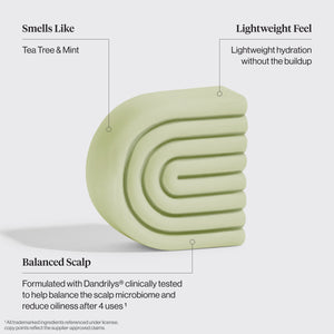 KITSCH Tea Tree & Mint Clarifying Solid Conditioner Bar benefit callout on light gray background — Smells Like: Tea Tree & Mint — Lightweight Feel: Lightweight hydration without the buildup — Balanced Scalp: Dandrilys® clinically tested to help balance the scalp microbiome and reduce oiliness after 4 uses