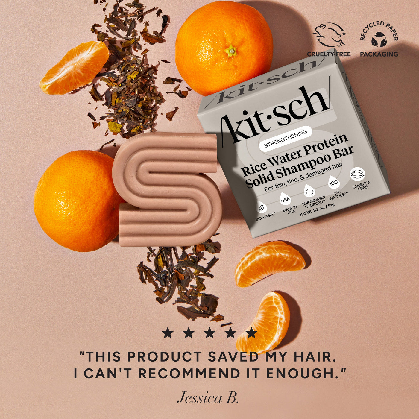 KITSCH Anti-Shedding Hair Essentials Bundle — review-style infographic — Rice Water Shampoo Bar with five-star customer review, styled with oranges and tea leaves — clinically proven to boost hair volume by 20% in 5 washes