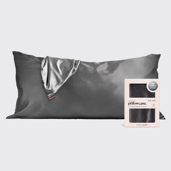 KITSCH Charcoal King Satin Pillowcase — hero shot — smooth satin fabric for frizz-free, crease-free sleep