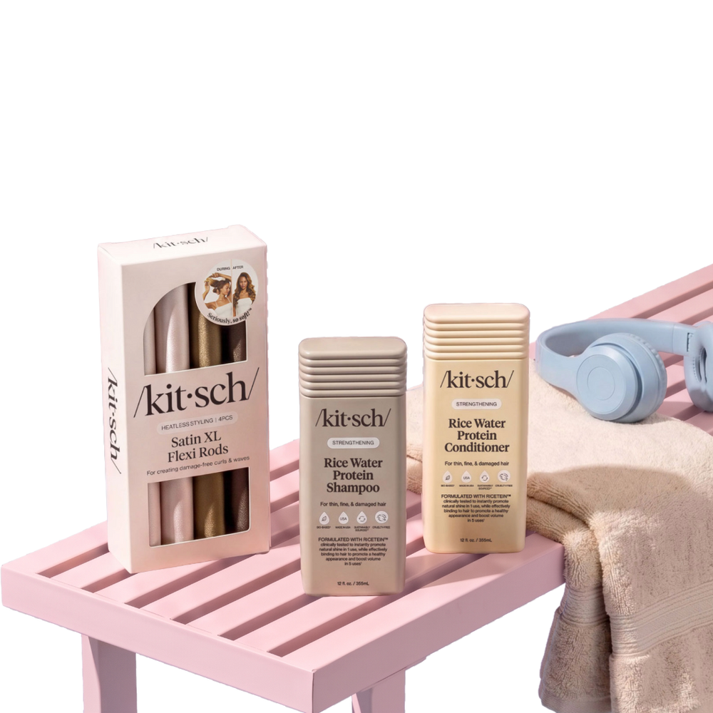 Kitsch Back to School Sale promotional graphic: 27% off sitewide, featuring an assortment of Kitsch hair accessories and hair care products on a soft neutral background.