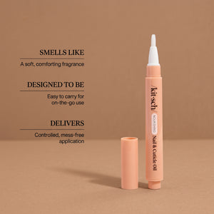 KITSCH Nourishing Nail & Cuticle Oil - Honey & Milk — uncapped peach pen standing beside its cap on a tan backdrop with on-image text: Smells Like a soft, comforting fragrance; Designed To Be easy to carry for on-the-go use; Delivers controlled, mess-free application — Compact and travel-friendly — cuticle care at home, at work, or on the go