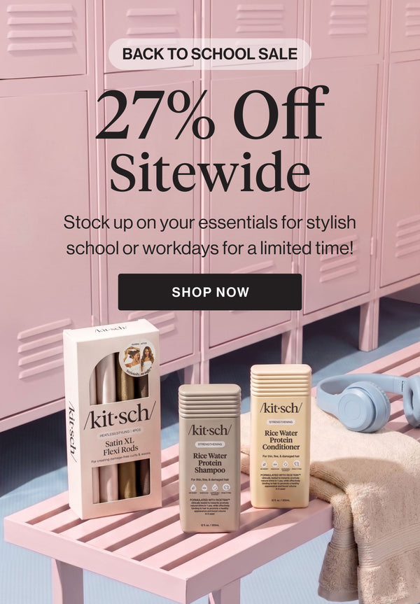 Kitsch Back to School Sale banner: 27% off sitewide, featuring an assortment of Kitsch hair accessories and hair care products on a soft neutral background.