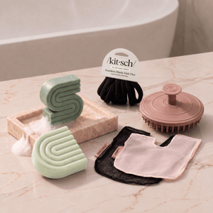 Rosemary & Biotin: Kitsch Free Welcome Kit with Rosemary & Biotin shampoo and conditioner bars, Terracotta Scalp Exfoliator, Blush Shampoo Bar Bag, Black Conditioner Bar Bag, and Black Seamless Hair Elastics.