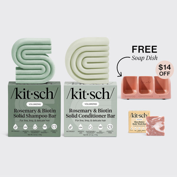 KITSCH Volumizing Rosemary Terracotta Self Draining Soap Dish Bundle — hero bundle flat lay — Rosemary & Biotin Shampoo & Conditioner Bar Combo + Shea Butter Body Wash Bar + FREE Terracotta Self-Draining Soap Dish